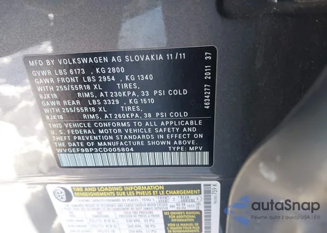 2012 Volkswagen Touareg Vr6 Sport z USA, uszkodzony, nr VIN WVGEF9BP3CD005804